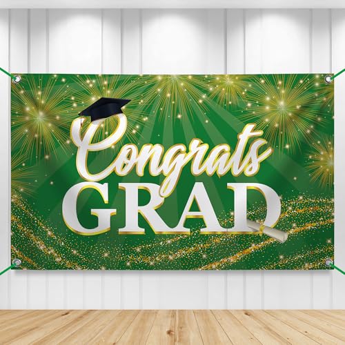 KatchOn Green Congrats Grad Banner 72x44 Inch – Reusable Green & Gold Graduation Backdrop for 2026