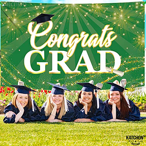 KatchOn Green Congrats Grad Banner 72x44 Inch – Reusable Green & Gold Graduation Backdrop for 2026