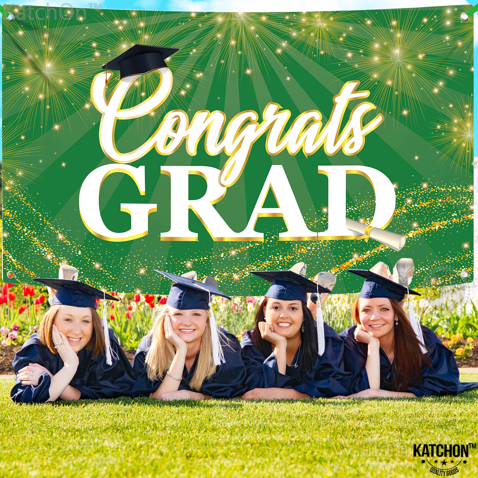 KatchOn Green Congrats Grad Banner 72x44 Inch – Reusable Green & Gold Graduation Backdrop for 2026
