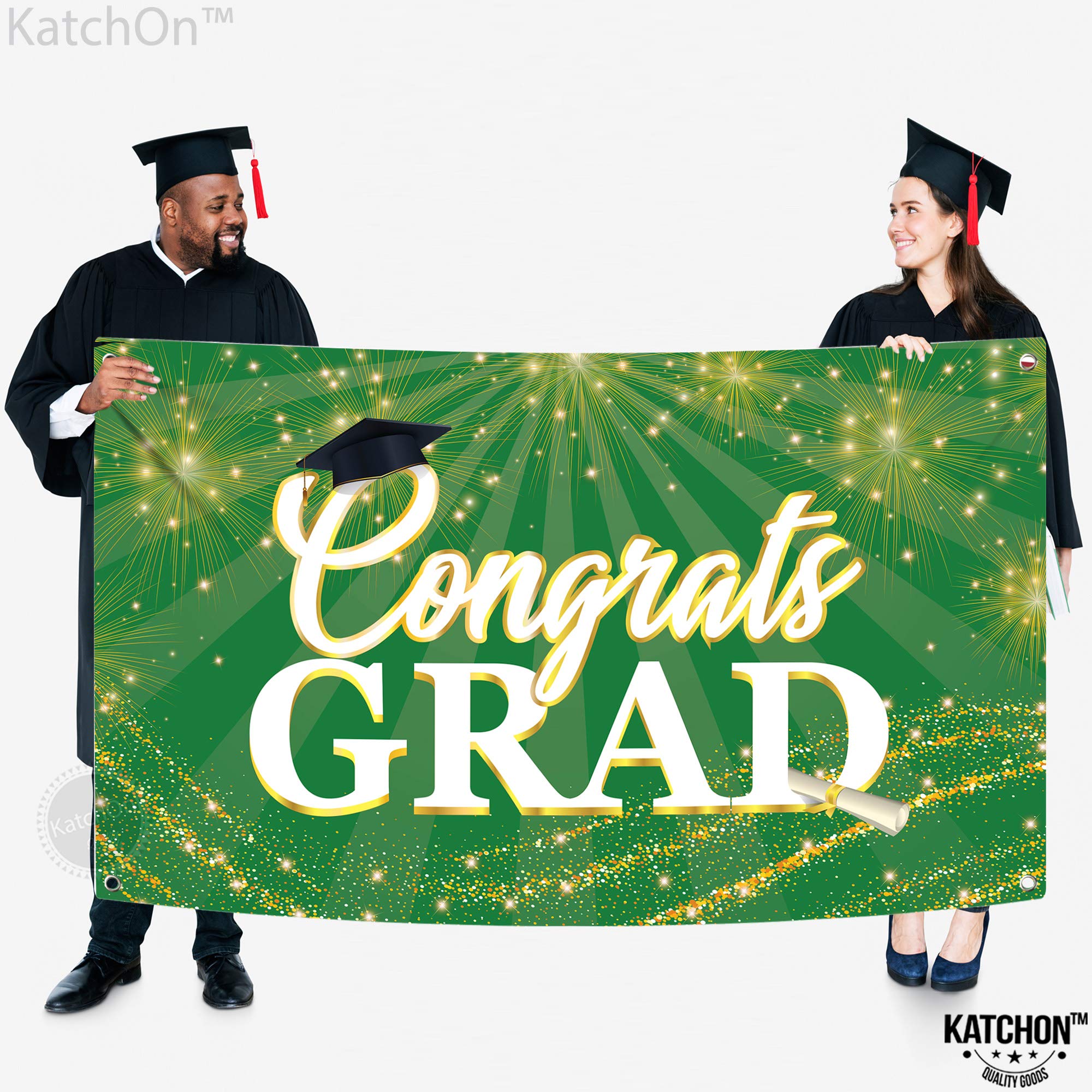 KatchOn Green Congrats Grad Banner 72x44 Inch – Reusable Green & Gold Graduation Backdrop for 2026