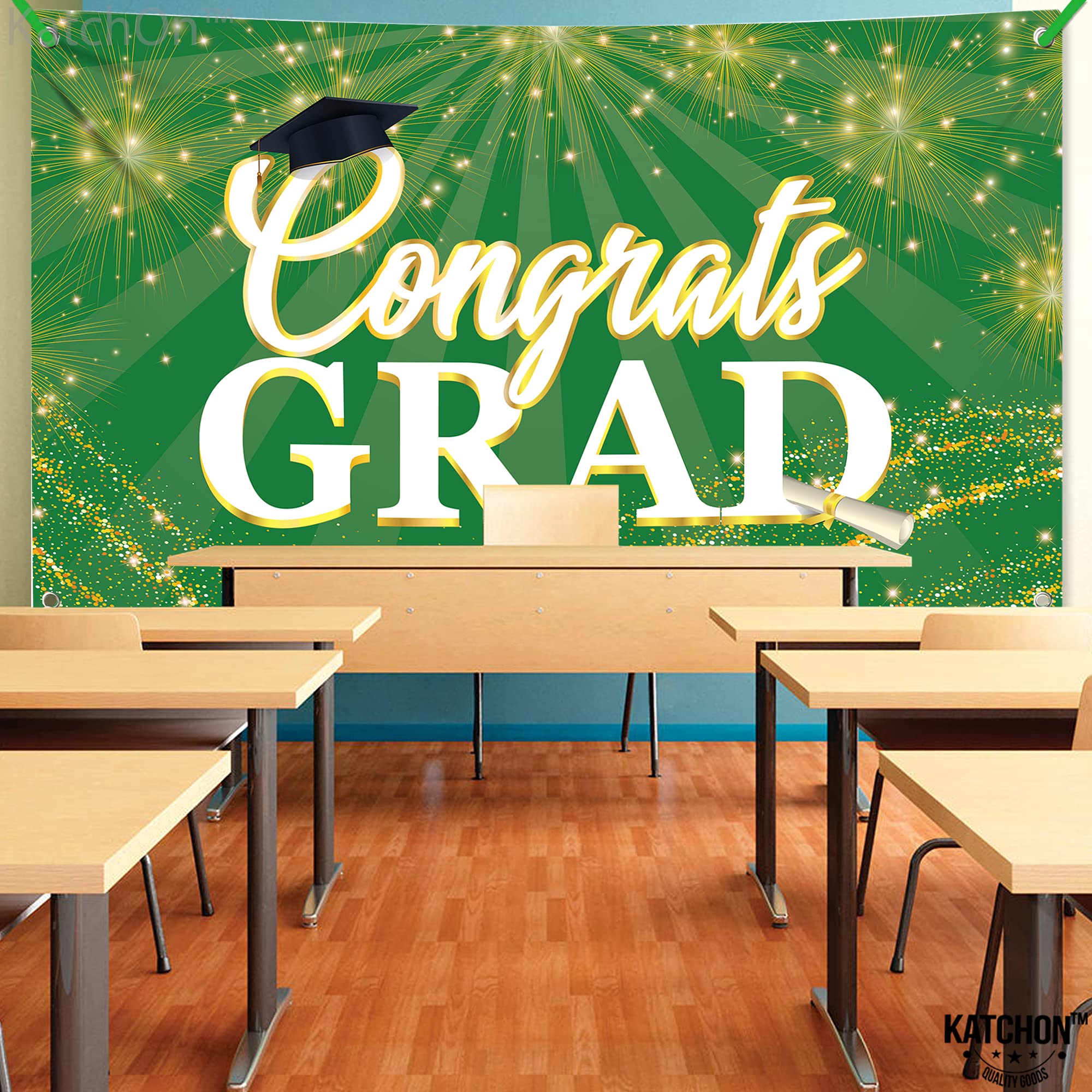 KatchOn Green Congrats Grad Banner 72x44 Inch – Reusable Green & Gold Graduation Backdrop for 2026