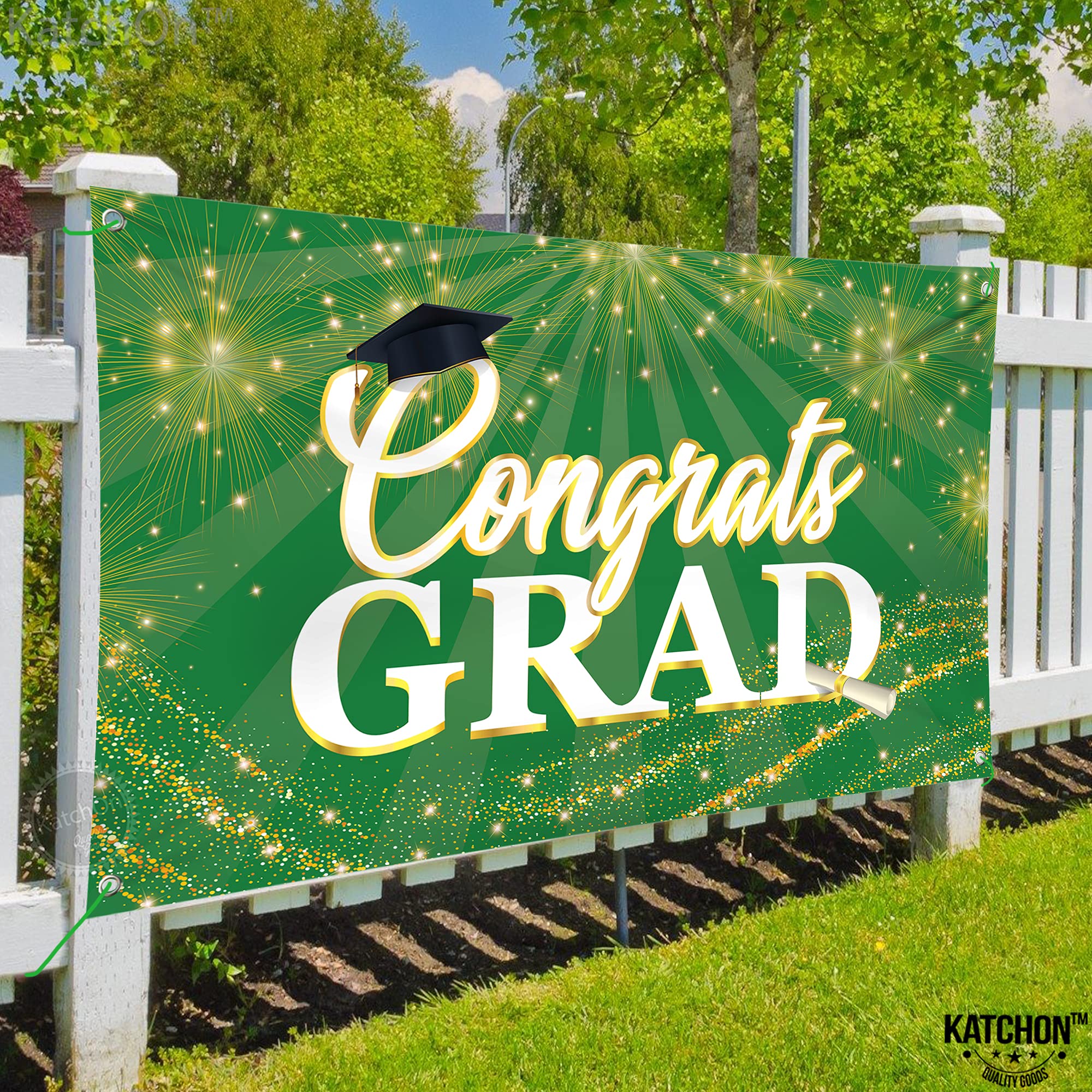 KatchOn Green Congrats Grad Banner 72x44 Inch – Reusable Green & Gold Graduation Backdrop for 2026