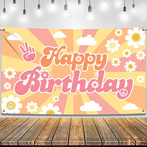 KatchOn Groovy Happy Birthday Banner 72x44 Inch – Retro Hippie Backdrop for Boys Girls