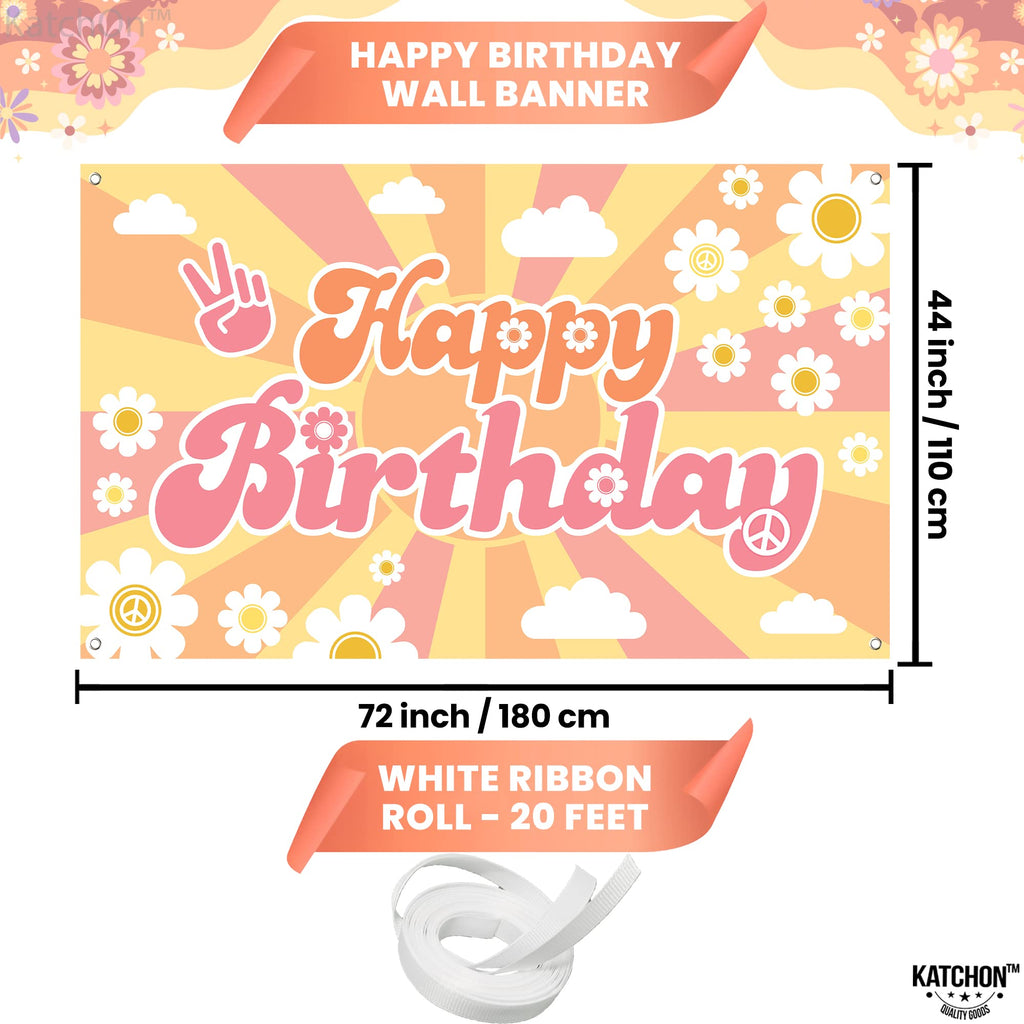 KatchOn Groovy Happy Birthday Banner 72x44 Inch – Retro Hippie Backdrop for Boys Girls