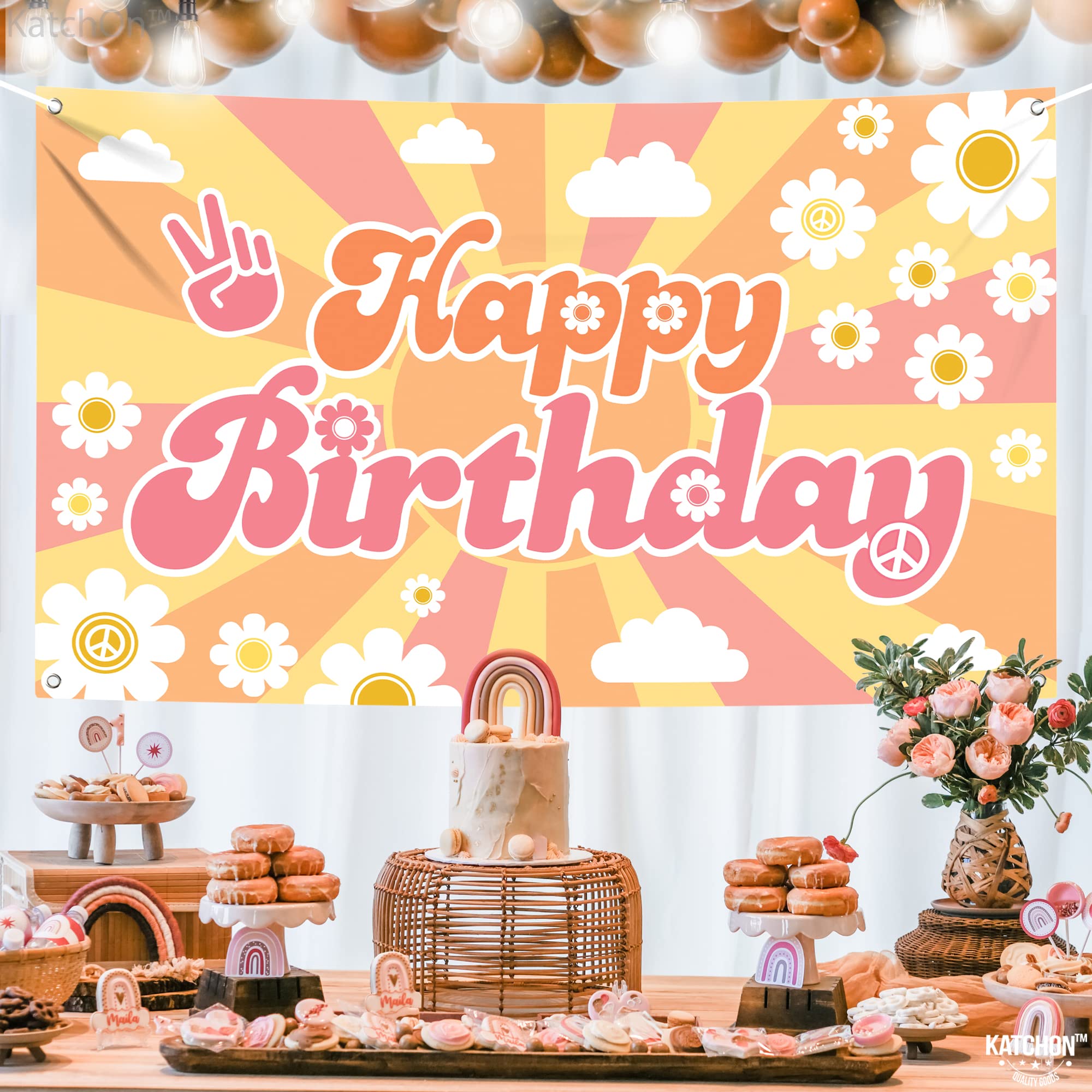 KatchOn Groovy Happy Birthday Banner 72x44 Inch – Retro Hippie Backdrop for Boys Girls