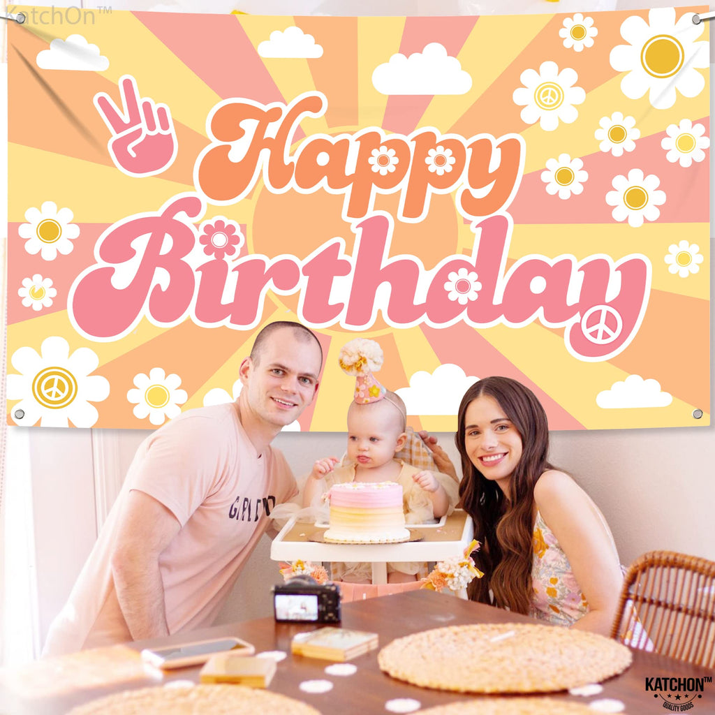 KatchOn Groovy Happy Birthday Banner 72x44 Inch – Retro Hippie Backdrop for Boys Girls