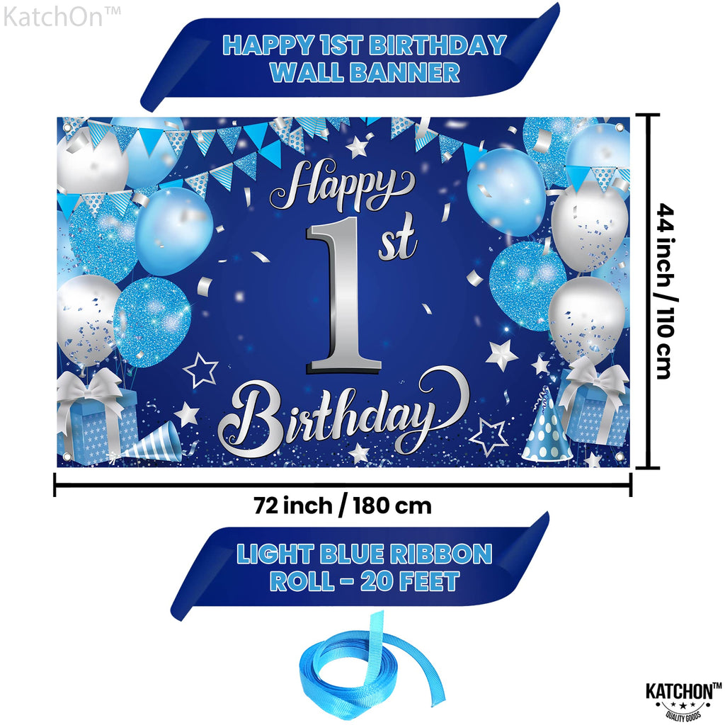 KatchOn Happy 1st Birthday Banner Boy – 72x44 Inch Blue and Silver Cloth Backdrop