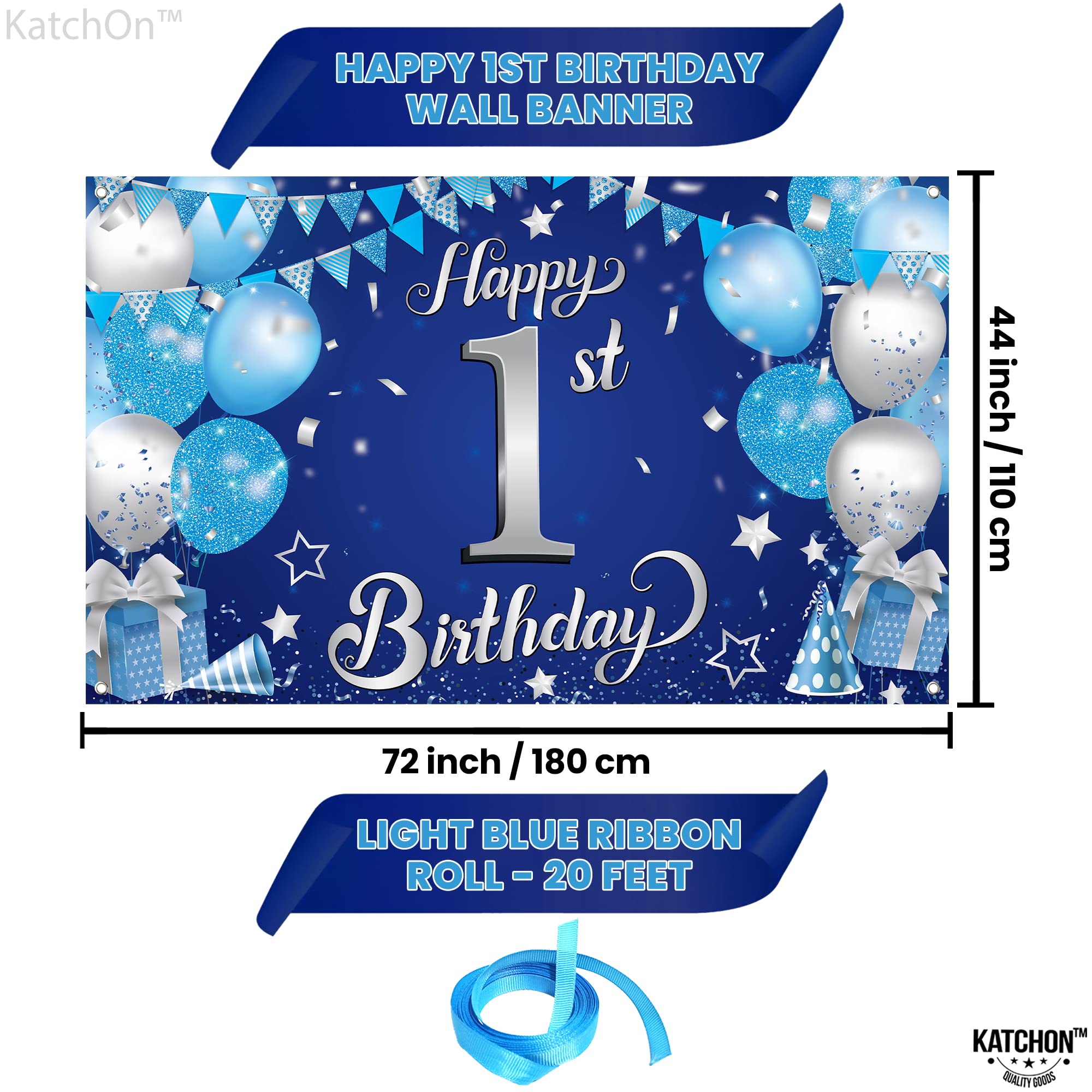 KatchOn Happy 1st Birthday Banner Boy – 72x44 Inch Blue and Silver Cloth Backdrop