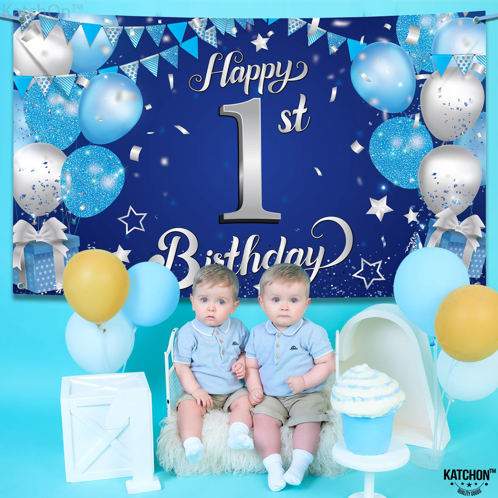 KatchOn Happy 1st Birthday Banner Boy – 72x44 Inch Blue and Silver Cloth Backdrop
