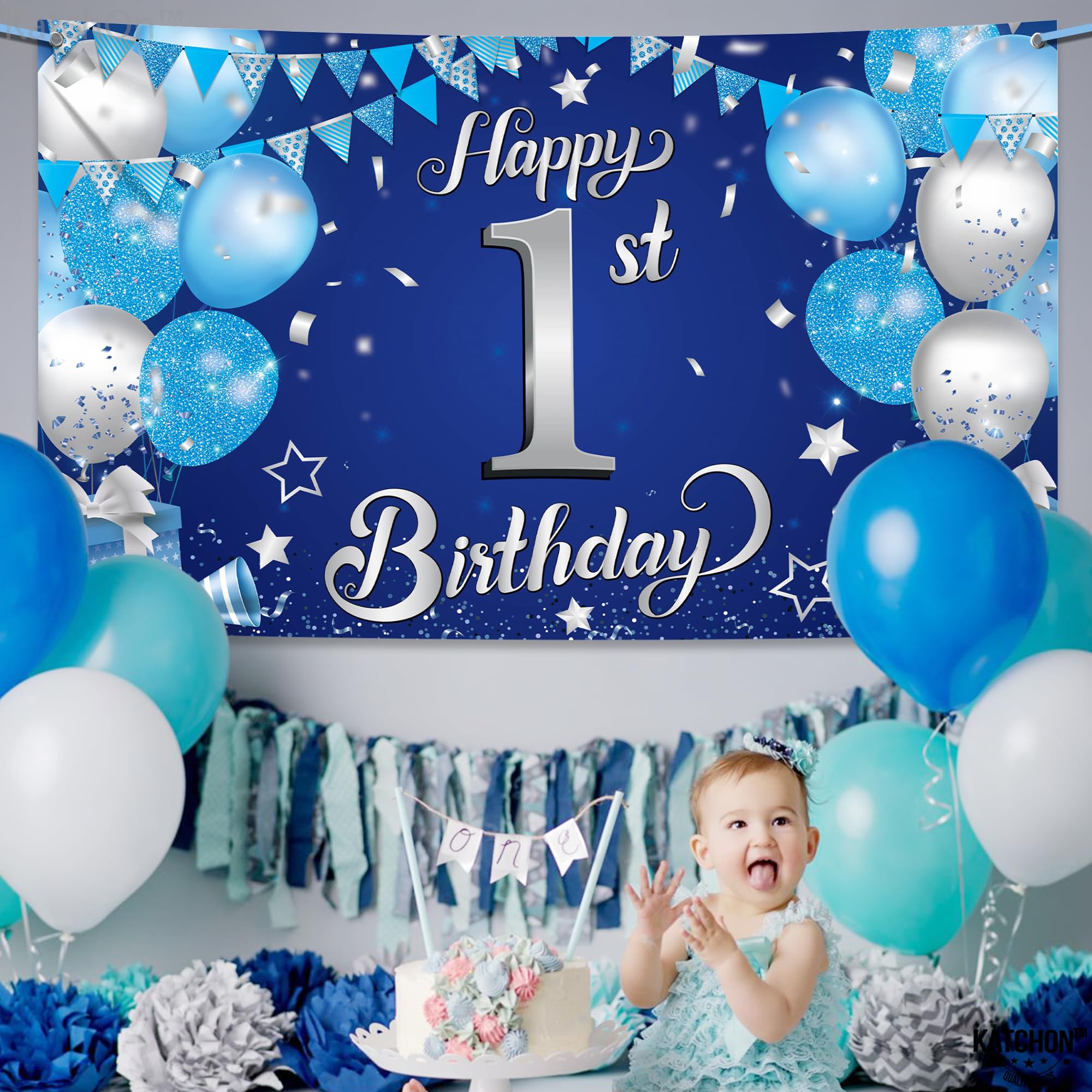 KatchOn Happy 1st Birthday Banner Boy – 72x44 Inch Blue and Silver Cloth Backdrop