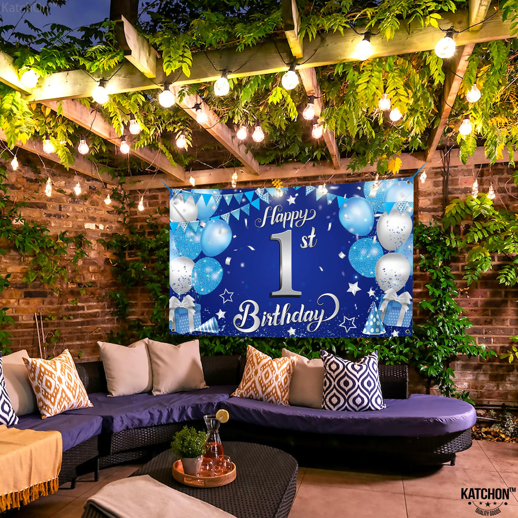 KatchOn Happy 1st Birthday Banner Boy – 72x44 Inch Blue and Silver Cloth Backdrop
