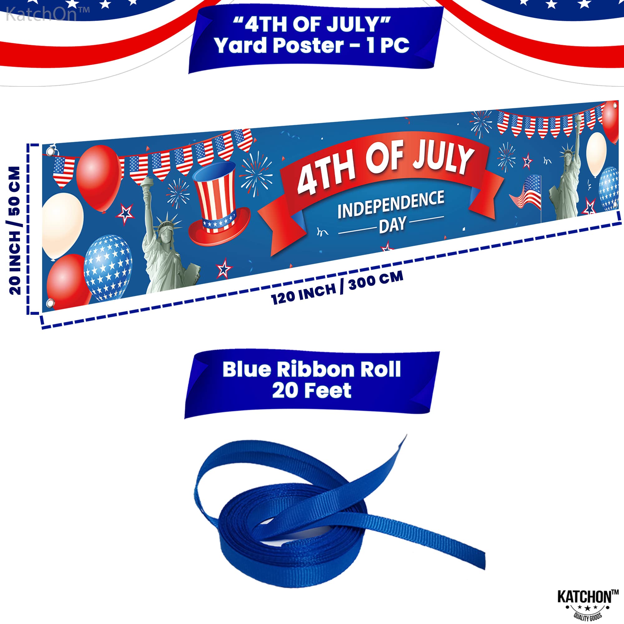KatchOn Happy 4th of July Banner – Large 120x20 Inch Cloth Banner for Outdoor & Indoor Patriotic Decorations