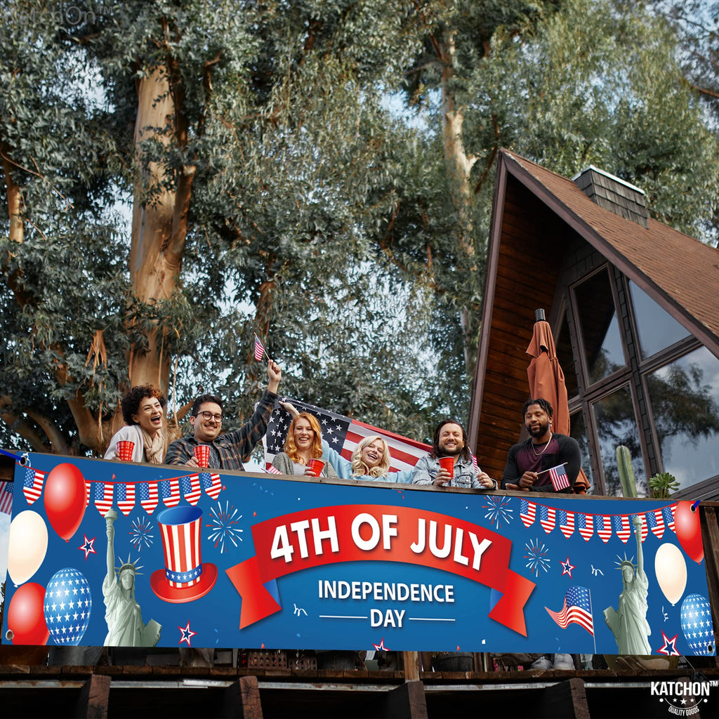 KatchOn Happy 4th of July Banner – Large 120x20 Inch Cloth Banner for Outdoor & Indoor Patriotic Decorations