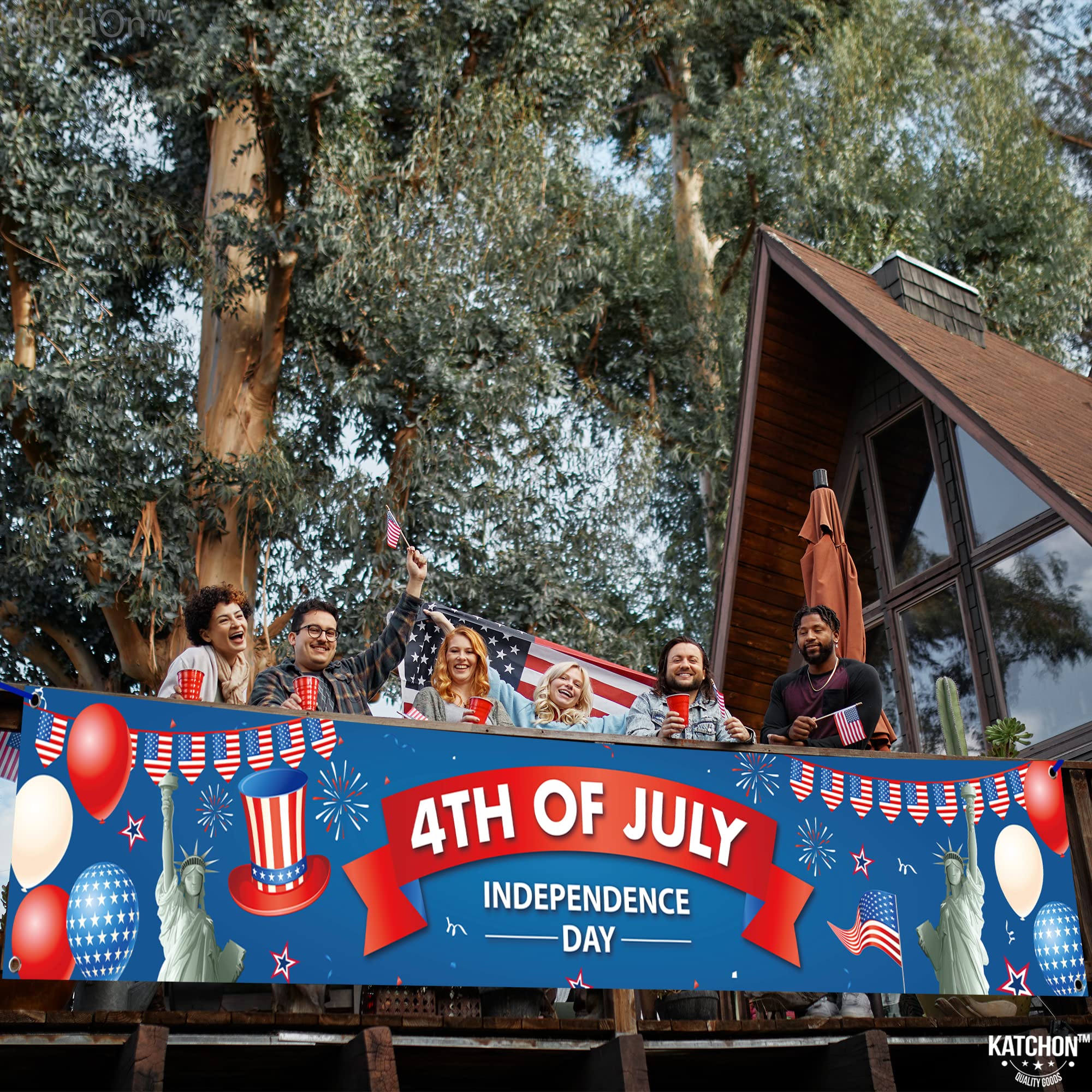 KatchOn Happy 4th of July Banner – Large 120x20 Inch Cloth Banner for Outdoor & Indoor Patriotic Decorations