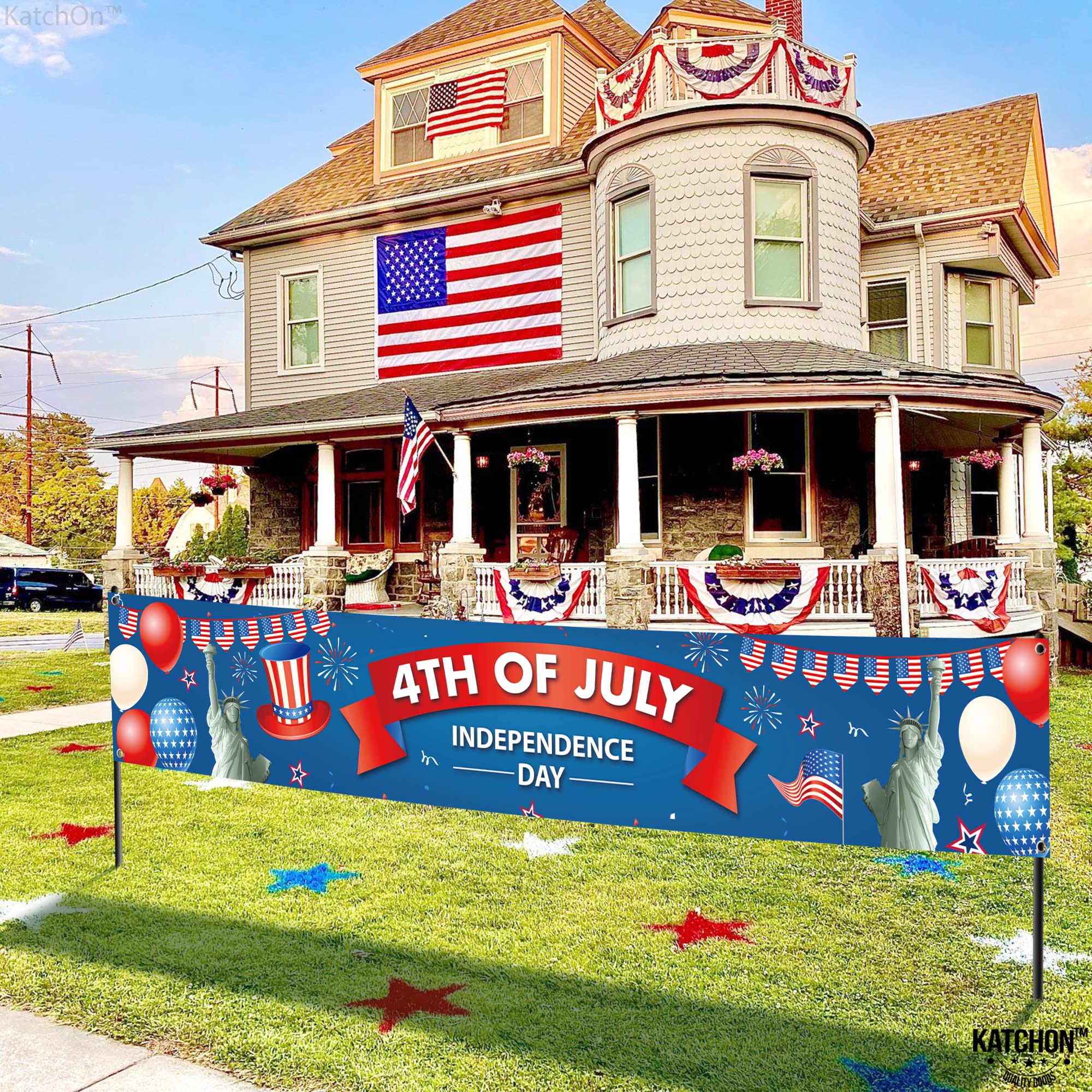 KatchOn Happy 4th of July Banner – Large 120x20 Inch Cloth Banner for Outdoor & Indoor Patriotic Decorations