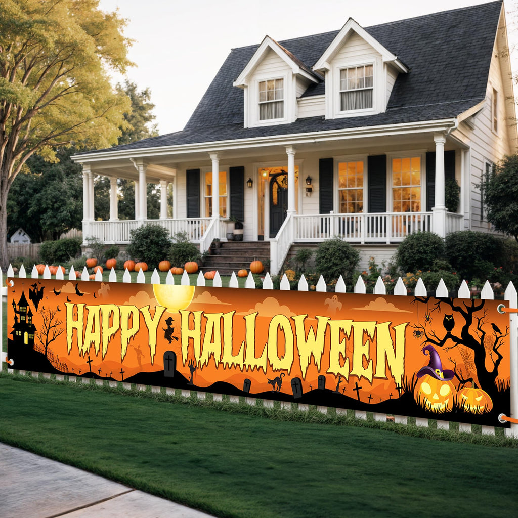 KatchOn Happy Halloween Banner 120x20 Inch - Orange & Black Outdoor Yard Sign for Party Decor