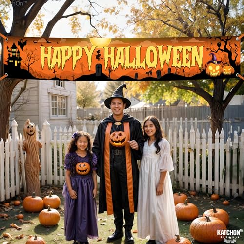KatchOn Happy Halloween Banner 120x20 Inch - Orange & Black Outdoor Yard Sign for Party Decor
