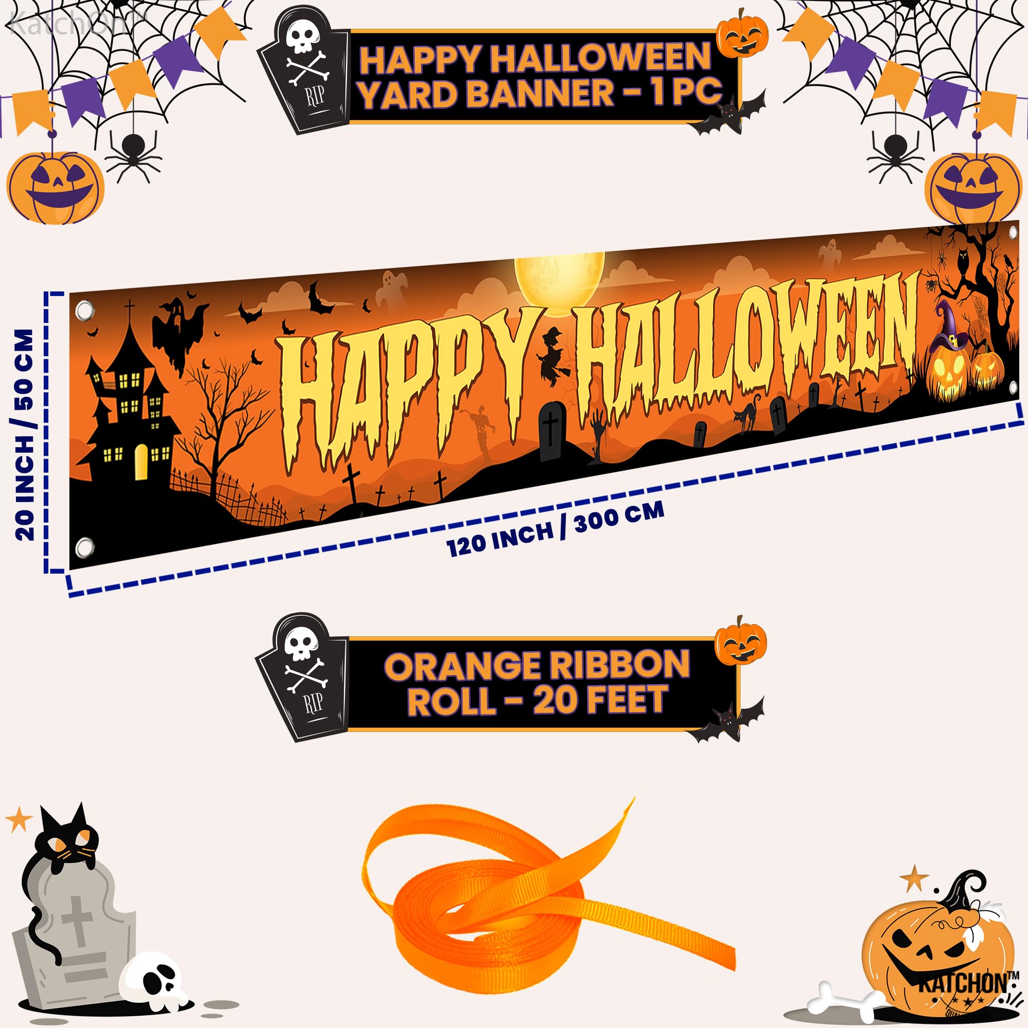 KatchOn Happy Halloween Banner 120x20 Inch - Orange & Black Outdoor Yard Sign for Party Decor