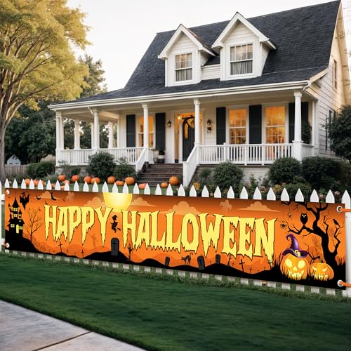 KatchOn Happy Halloween Banner 120x20 Inch - Orange & Black Outdoor Yard Sign for Party Decor