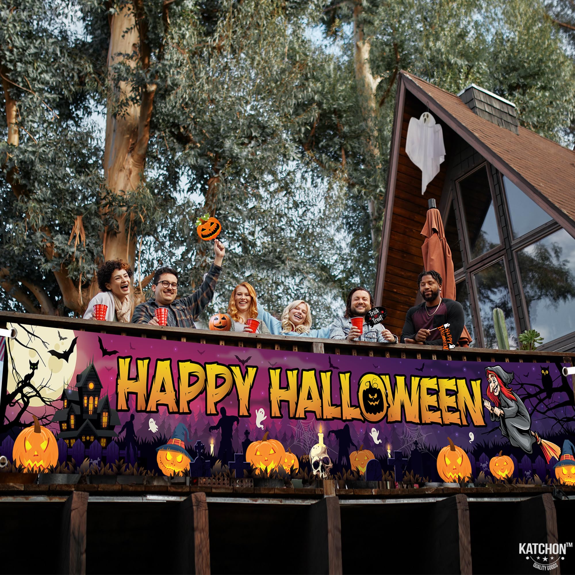 KatchOn Happy Halloween Banner Xtra Large 120x20 Inch Outdoor Yard Decoration