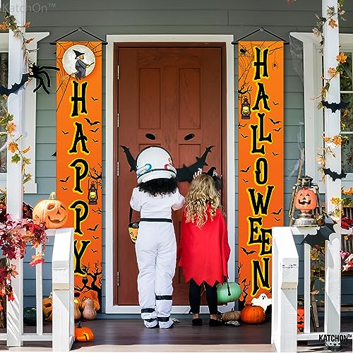 KatchOn Happy Halloween Door Banner - 72x12 Inch Orange & Black Cloth Banner for Outdoor Porch Decor, Water Resistant