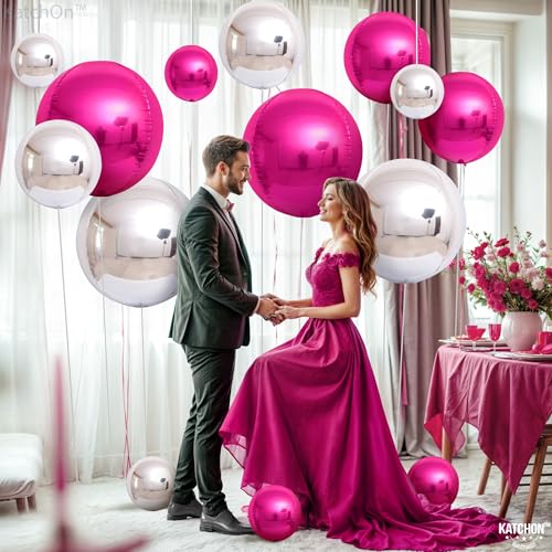 KatchOn Hot Pink & Silver Balloons - 22 Inch, Pack of 14 - Foil Balloons for Birthday, Baby Shower, Bridal Shower