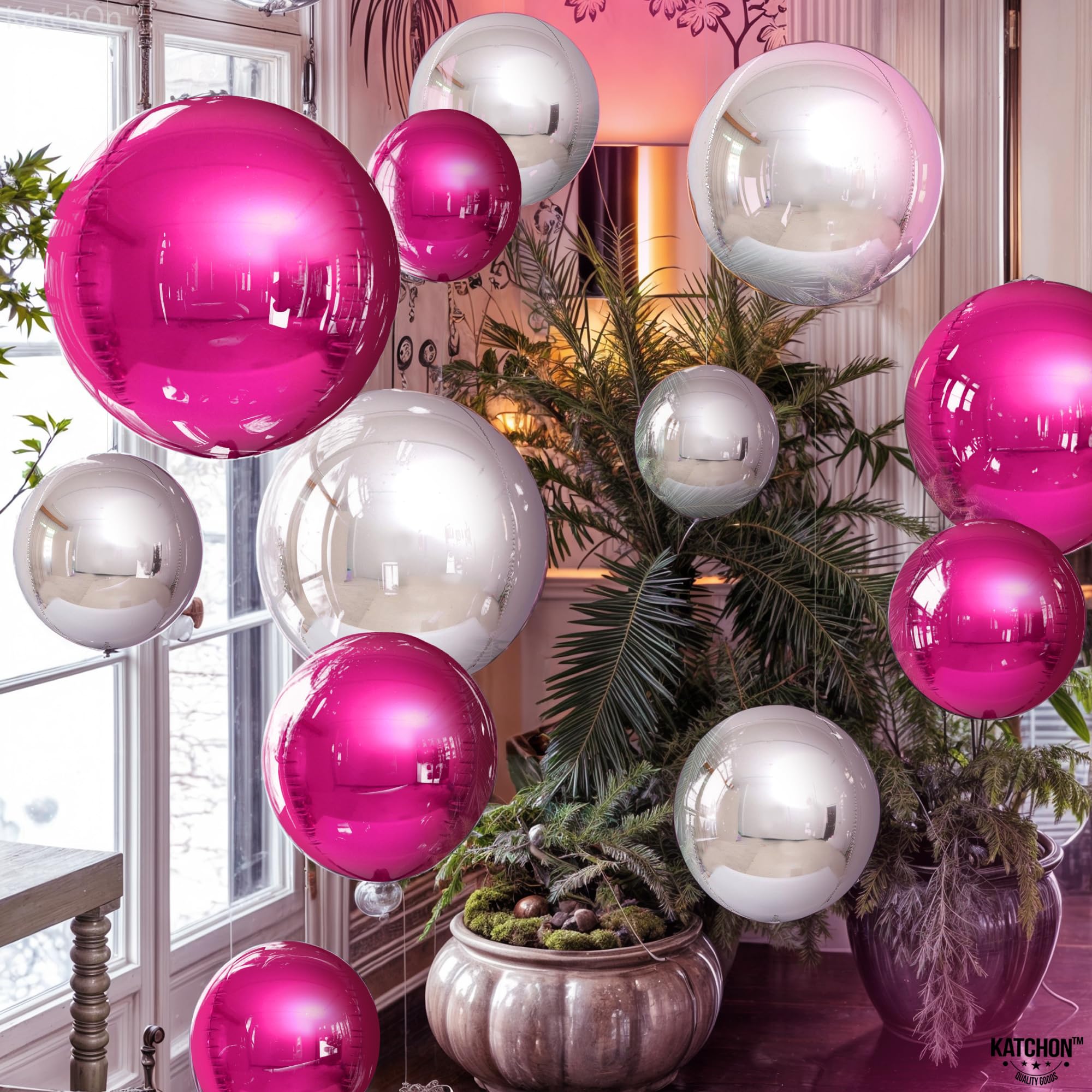 KatchOn Hot Pink & Silver Balloons - 22 Inch, Pack of 14 - Foil Balloons for Birthday, Baby Shower, Bridal Shower