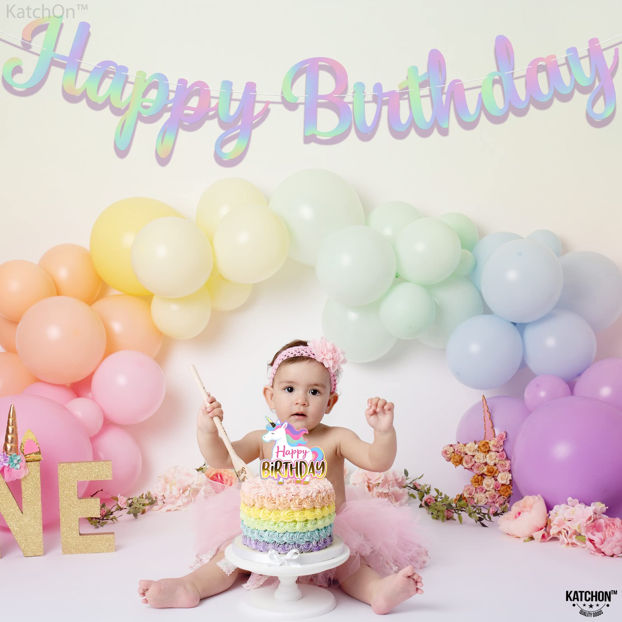 KatchOn Iridescent Happy Birthday Banner - 10ft Pre-Strung Cardstock Garland
