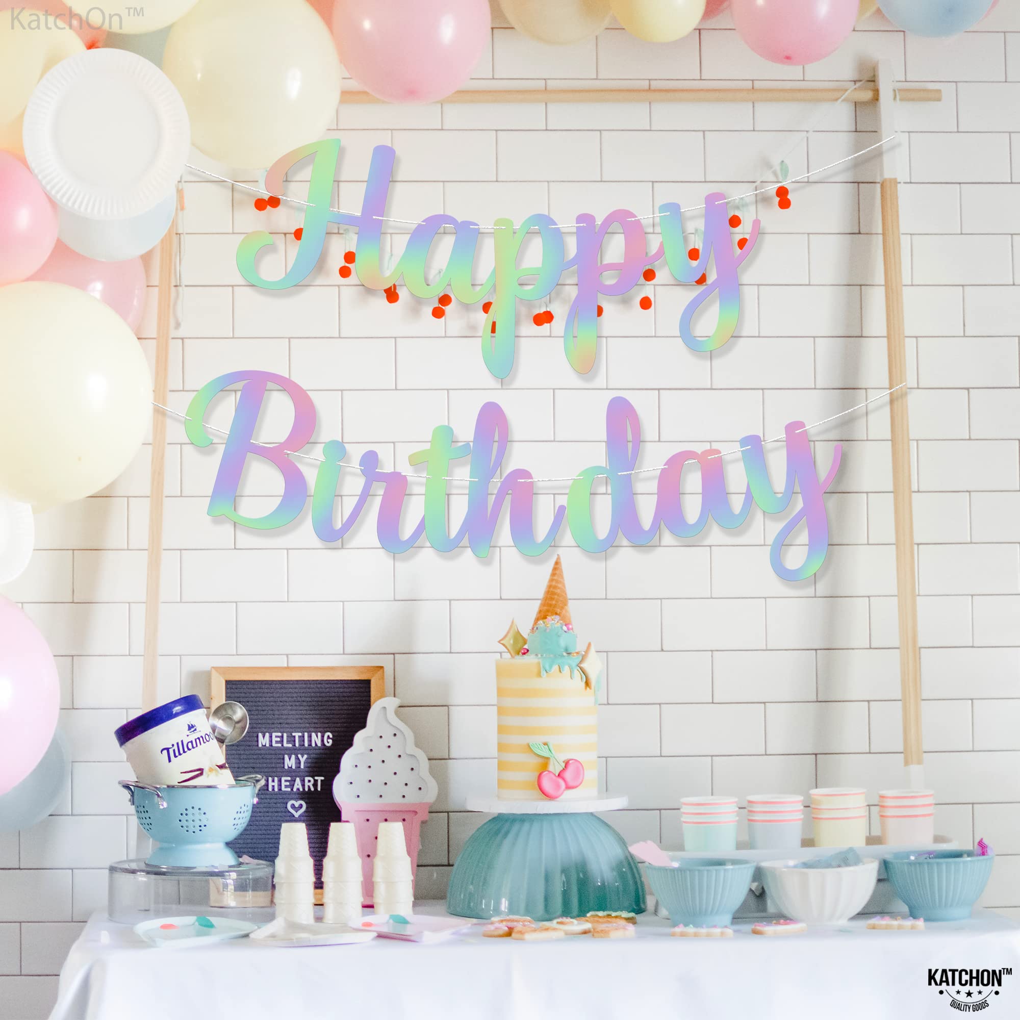 KatchOn Iridescent Happy Birthday Banner - 10ft Pre-Strung Cardstock Garland