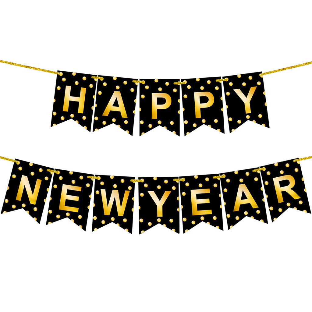KatchOn Large Happy New Year Banner 2026 – 10ft Pre-Strung Polka Gold Foil Banner for NYE Decorations