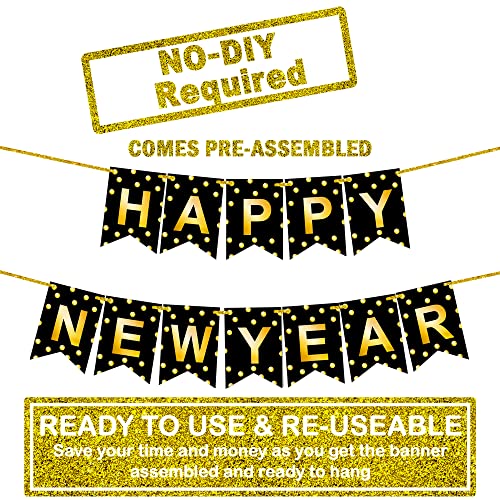 KatchOn Large Happy New Year Banner 2026 – 10ft Pre-Strung Polka Gold Foil Banner for NYE Decorations