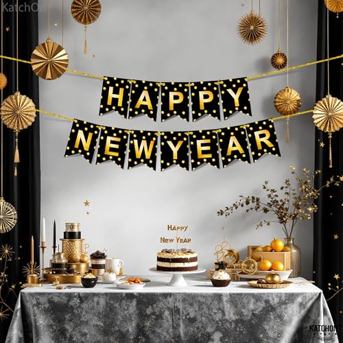 KatchOn Large Happy New Year Banner 2026 – 10ft Pre-Strung Polka Gold Foil Banner for NYE Decorations