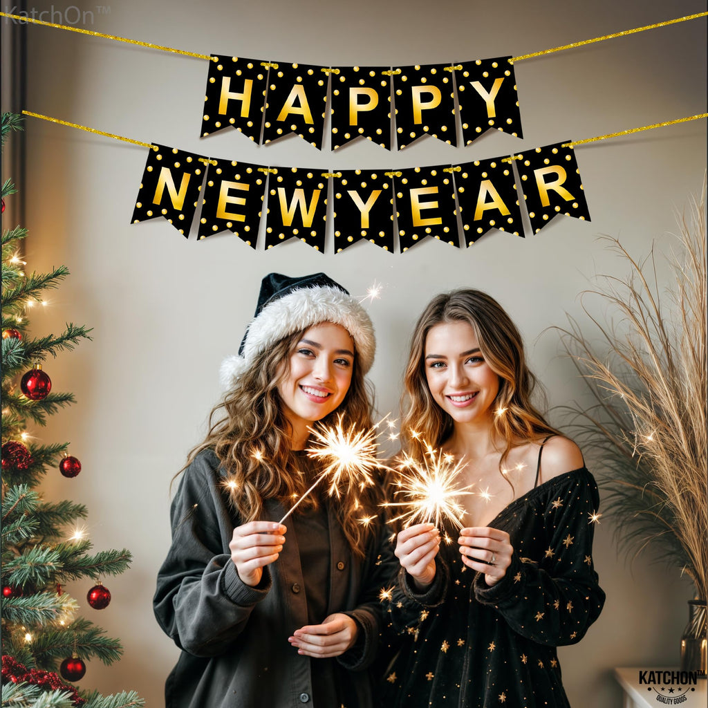 KatchOn Large Happy New Year Banner 2026 – 10ft Pre-Strung Polka Gold Foil Banner for NYE Decorations