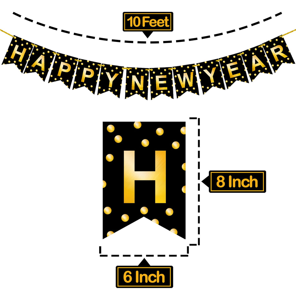 KatchOn Large Happy New Year Banner 2026 – 10ft Pre-Strung Polka Gold Foil Banner for NYE Decorations