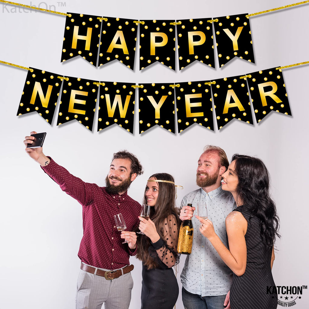 KatchOn Large Happy New Year Banner 2026 – 10ft Pre-Strung Polka Gold Foil Banner for NYE Decorations