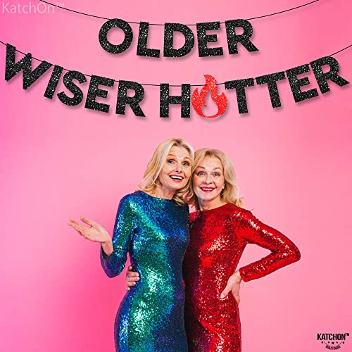 KatchOn Older Wiser Hotter Glitter Banner – 10 ft Pre-Strung Birthday Decor for Adults