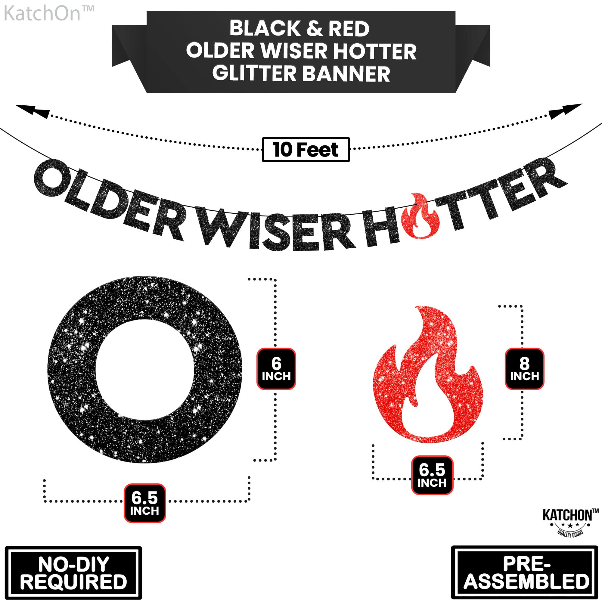 KatchOn Older Wiser Hotter Glitter Banner – 10 ft Pre-Strung Birthday Decor for Adults
