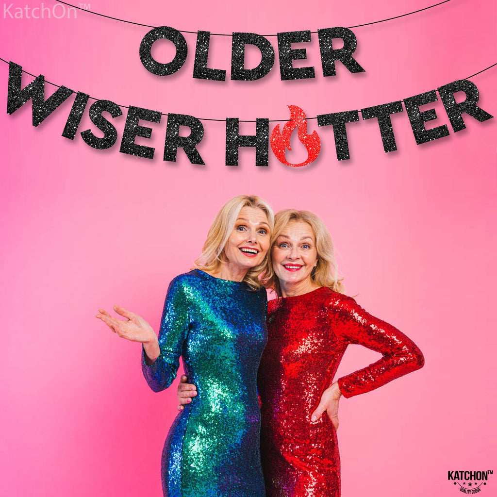 KatchOn Older Wiser Hotter Glitter Banner – 10 ft Pre-Strung Birthday Decor for Adults