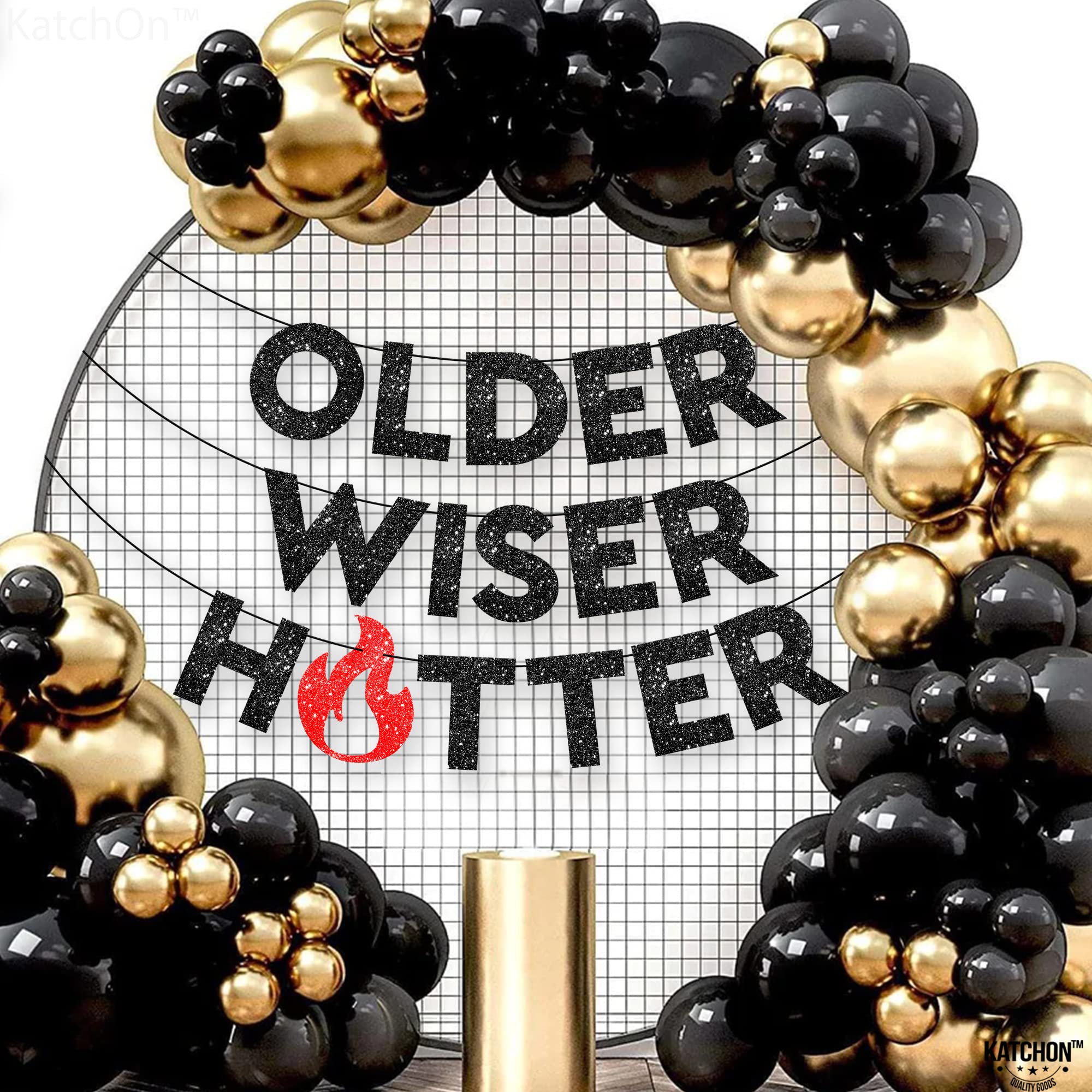 KatchOn Older Wiser Hotter Glitter Banner – 10 ft Pre-Strung Birthday Decor for Adults