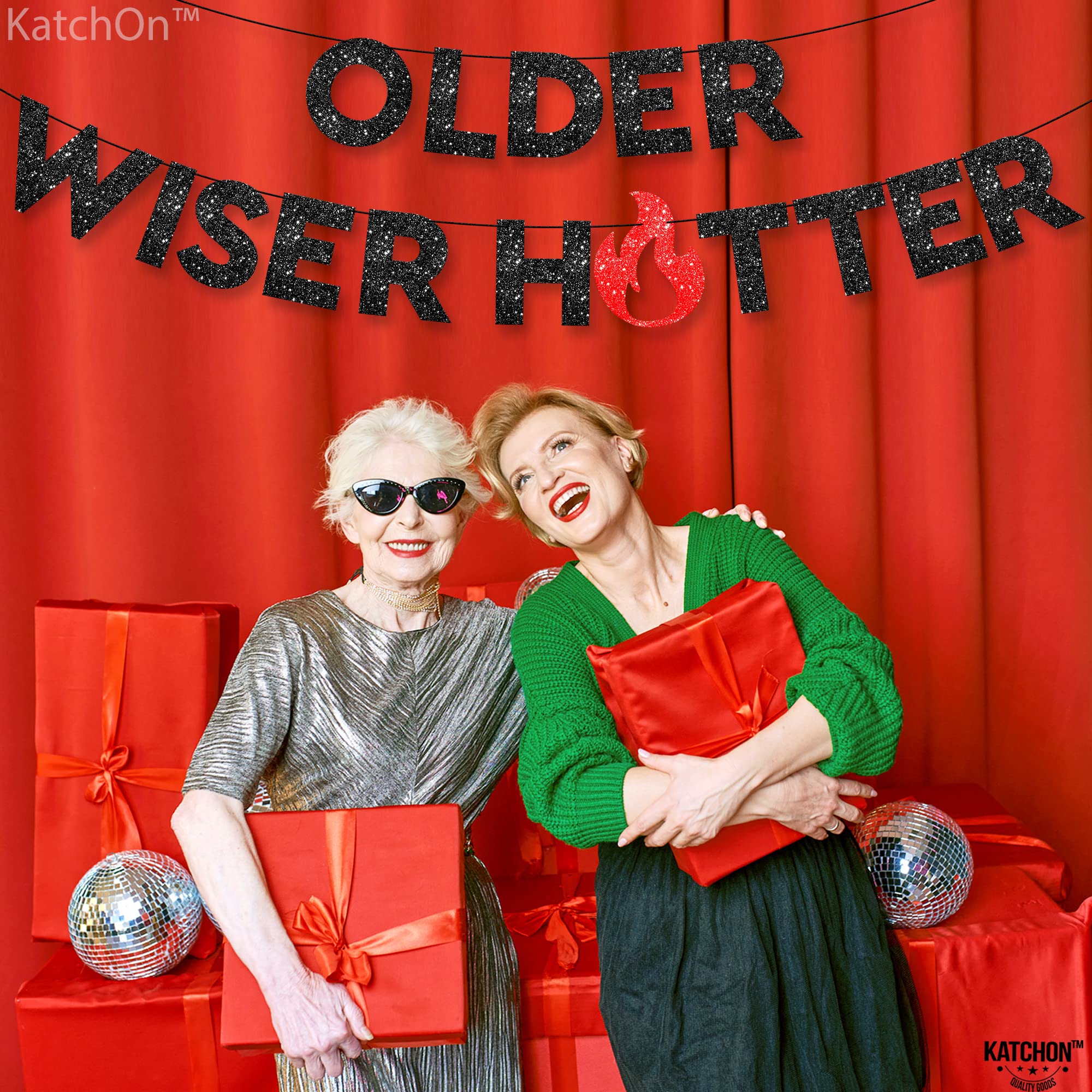 KatchOn Older Wiser Hotter Glitter Banner – 10 ft Pre-Strung Birthday Decor for Adults