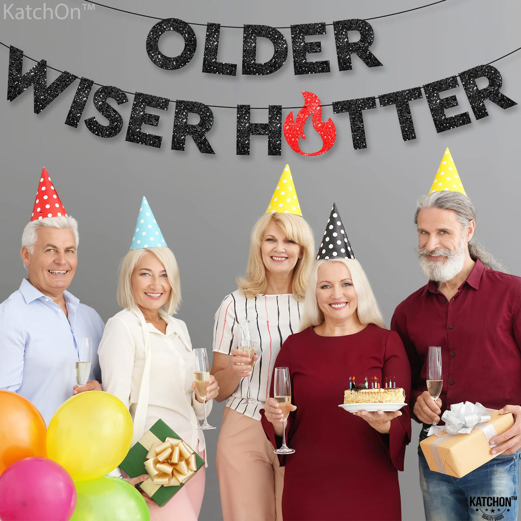 KatchOn Older Wiser Hotter Glitter Banner – 10 ft Pre-Strung Birthday Decor for Adults