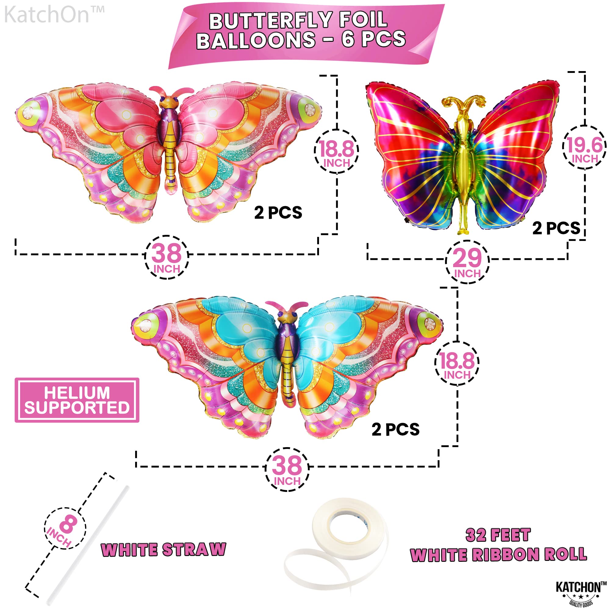 KatchOn Pack of 6 Large 38-Inch Monarch Butterfly Mylar Balloons for Party Decorations