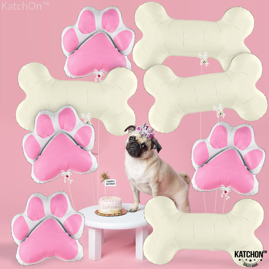 KatchOn Pink Dog Bone & Paw Balloons – 8 Pack, 29 Inch, Self-Sealing Foil Balloons for Dog Birthday Party Decorations