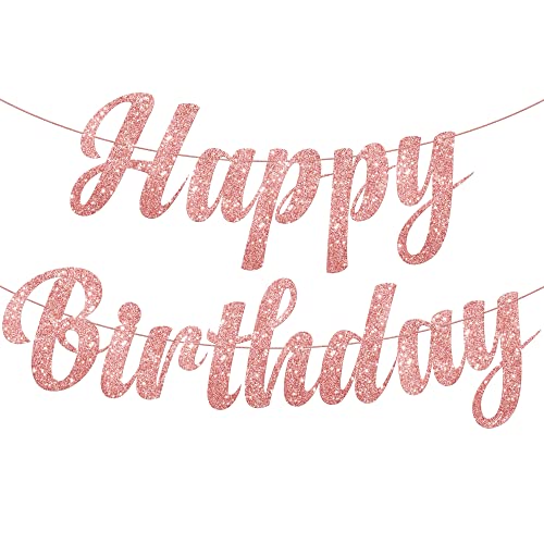 KatchOn Pre-Strung Rose Gold Glitter Happy Birthday Banner - 10 Ft, No DIY, Reusable