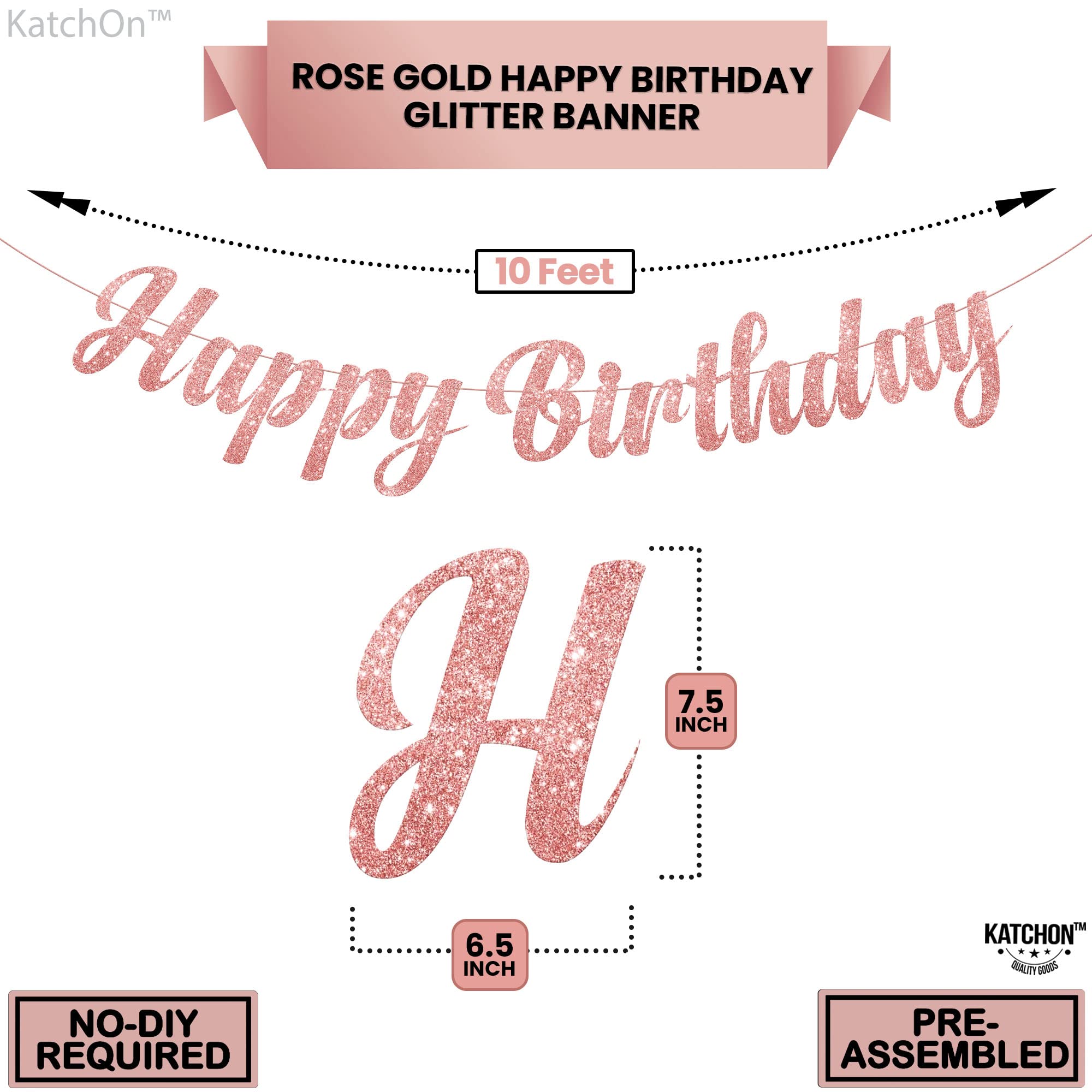 KatchOn Pre-Strung Rose Gold Glitter Happy Birthday Banner - 10 Ft, No DIY, Reusable