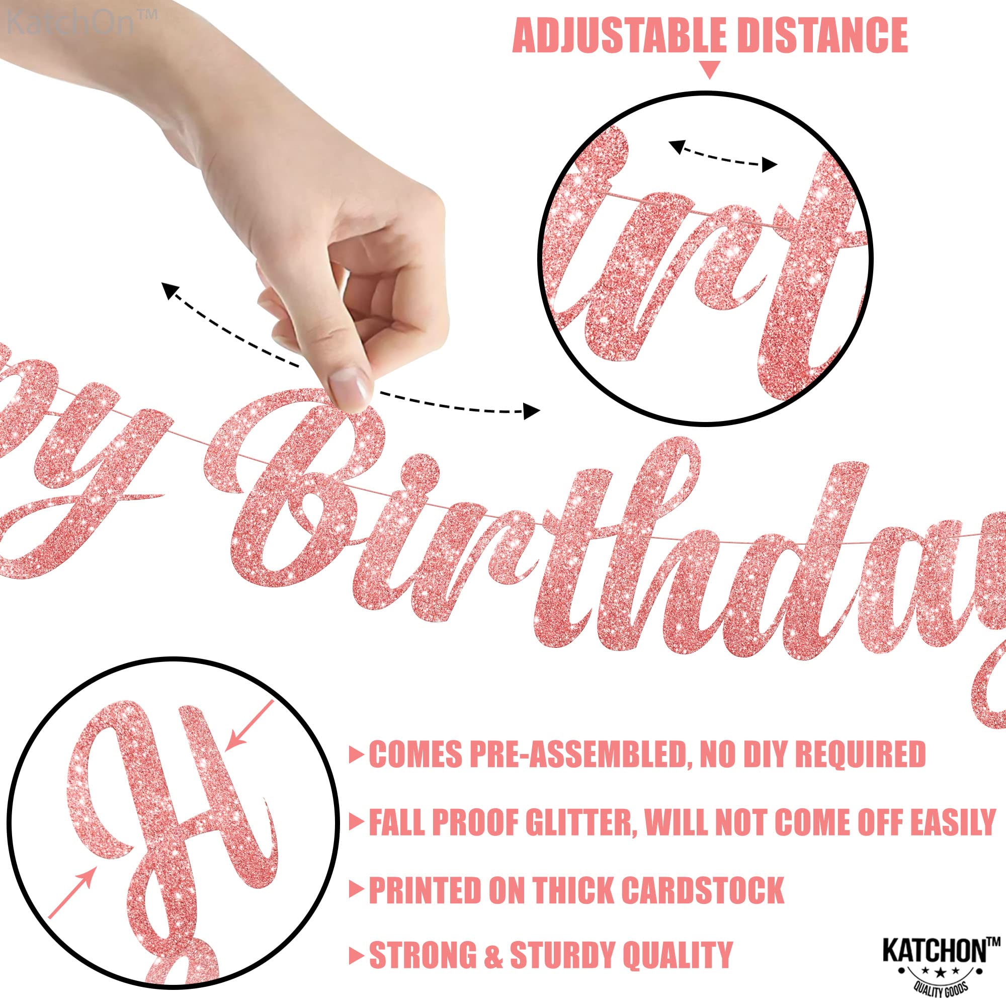KatchOn Pre-Strung Rose Gold Glitter Happy Birthday Banner - 10 Ft, No DIY, Reusable