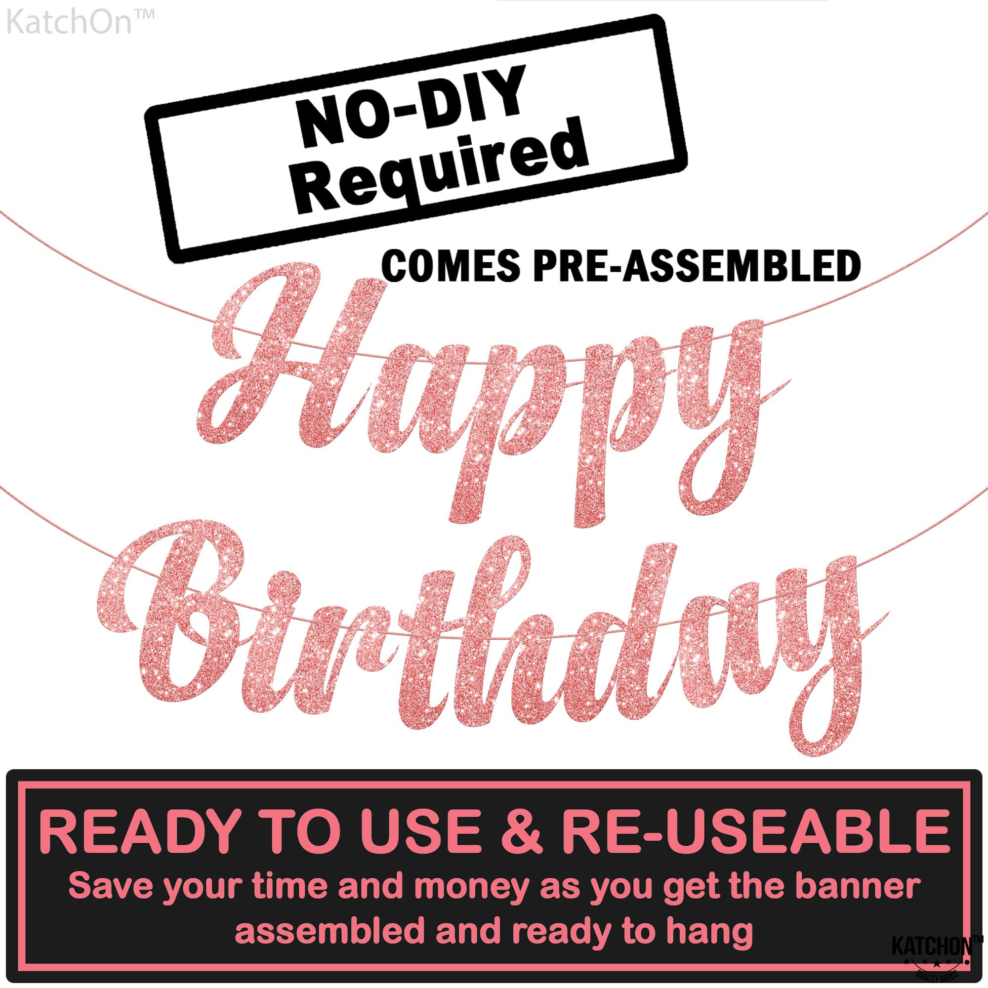 KatchOn Pre-Strung Rose Gold Glitter Happy Birthday Banner - 10 Ft, No DIY, Reusable