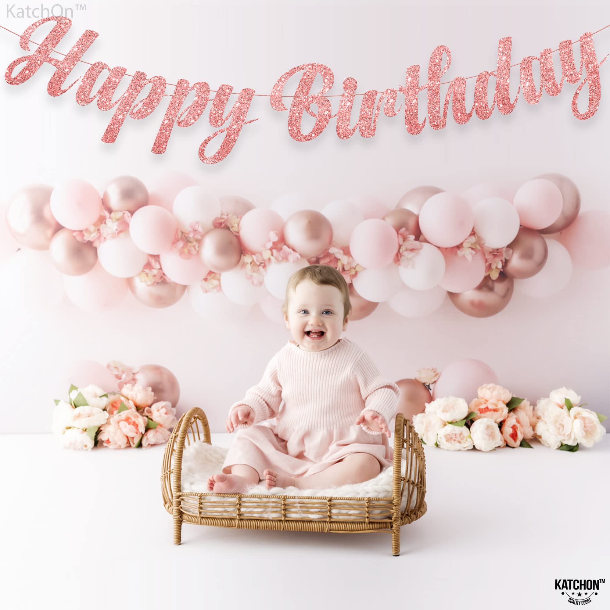 KatchOn Pre-Strung Rose Gold Glitter Happy Birthday Banner - 10 Ft, No DIY, Reusable