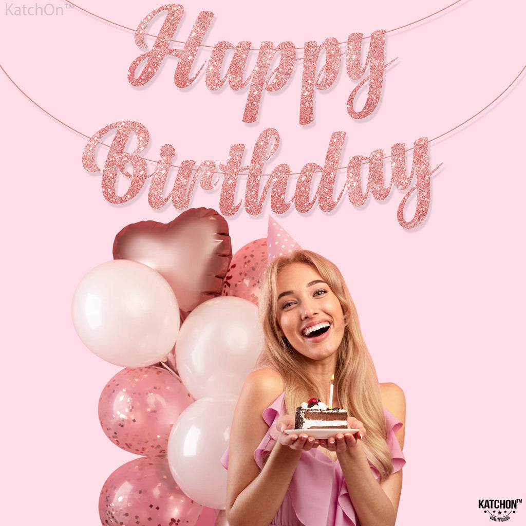 KatchOn Pre-Strung Rose Gold Glitter Happy Birthday Banner - 10 Ft, No DIY, Reusable