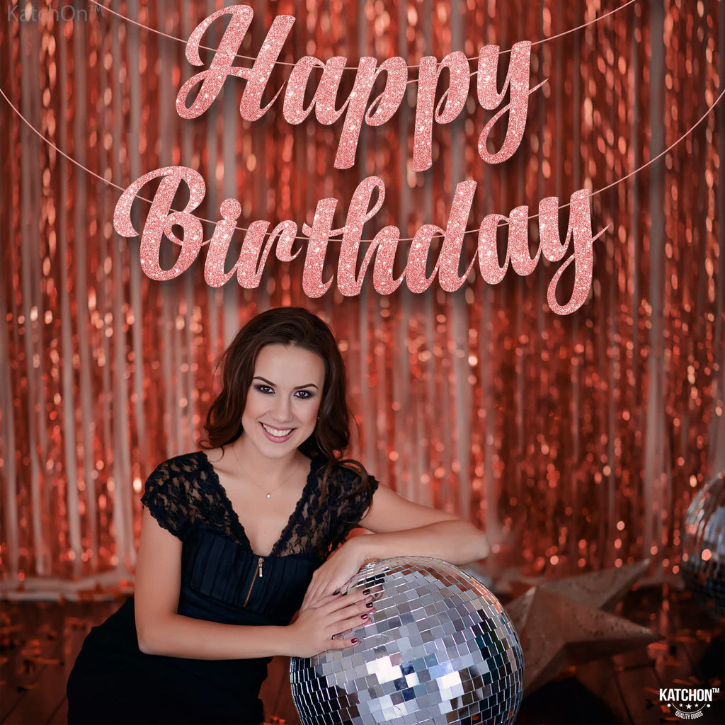 KatchOn Pre-Strung Rose Gold Glitter Happy Birthday Banner - 10 Ft, No DIY, Reusable